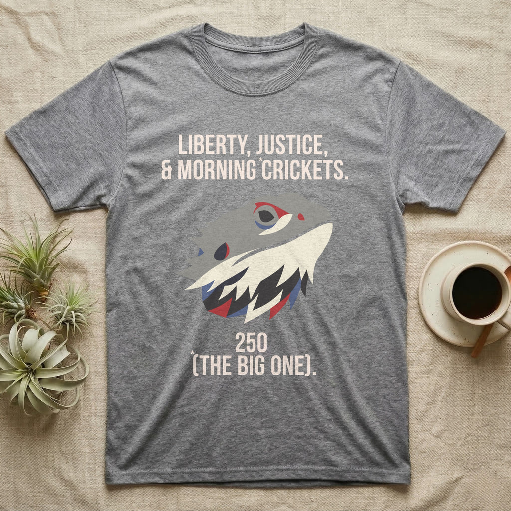 Bearded Dragon Low Poly T-Shirt in Sport Grey — Low-poly faceted bearded dragon head in muted tones with text Liberty, Justice and Morning Crickets, 250 The Big One.