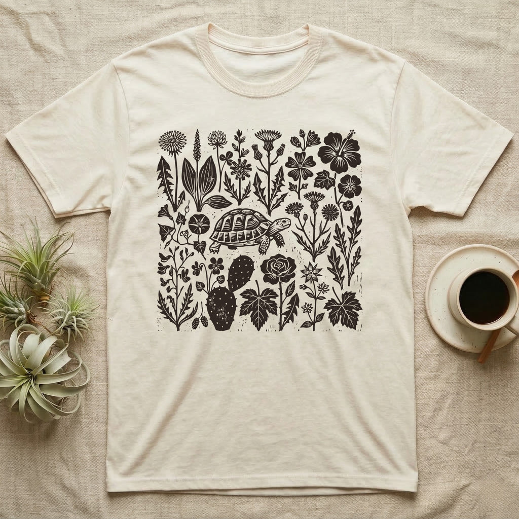 Hermann's Tortoise Forage T-Shirt in Natural — One-ink linocut of twenty forage plants with a small Hermann's tortoise walking among them