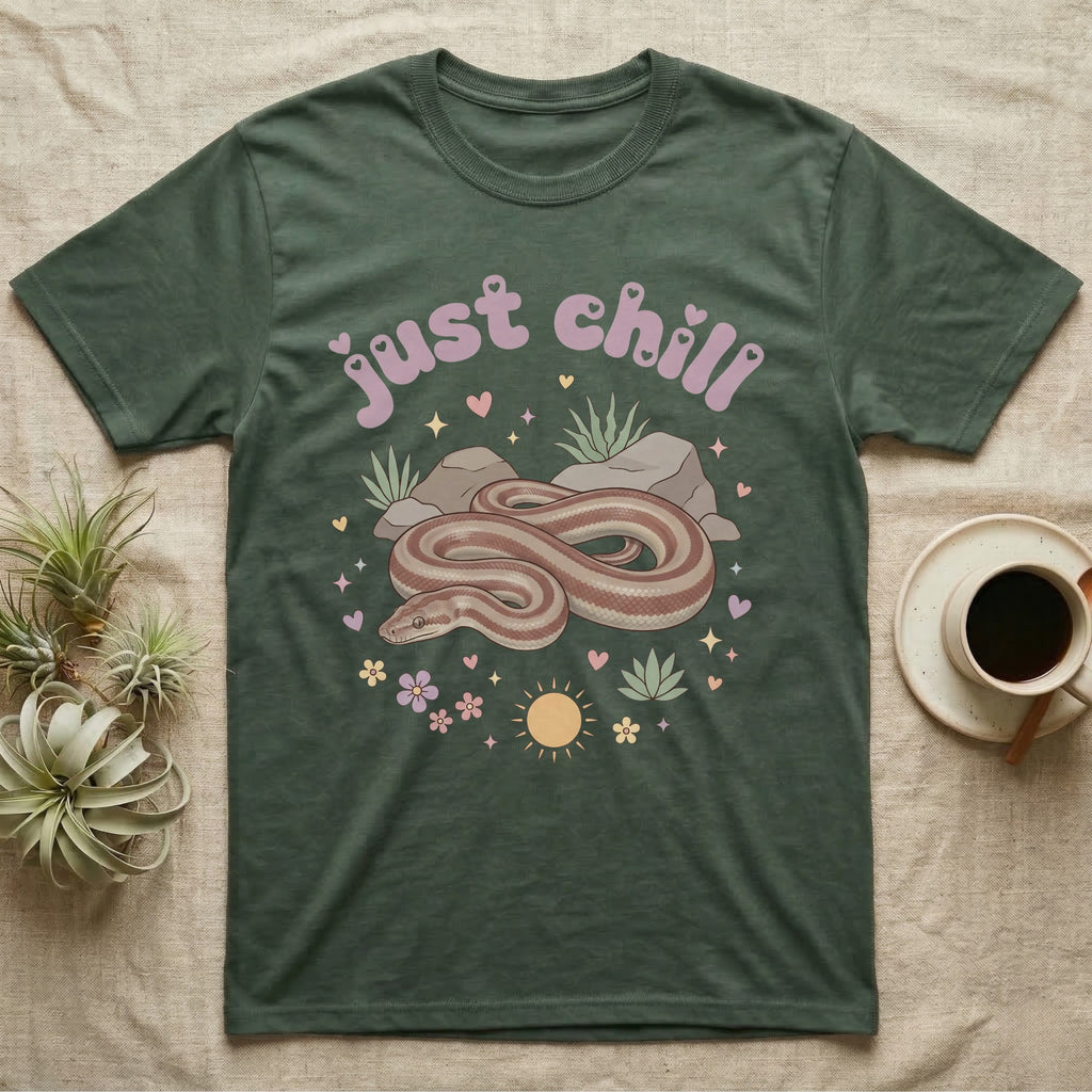 Rosy Boa Softie T-Shirt in Military Green — Relaxed coiled rosy boa with sleepy eyes under pastel bubble text "just chill" with tiny hearts.