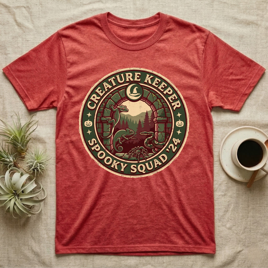 Creature Keeper Spooky Squad T-Shirt in Heather Red — Embroidered-patch badge with a gecko, chameleon, snake and tarantula in a stone archway, "Creature Keeper Spooky Squad."
