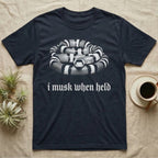 Milk Snake Musk T-Shirt in Navy — One-ink photo of a calm milk snake facing forward on its coils, above the blackletter line i musk when held