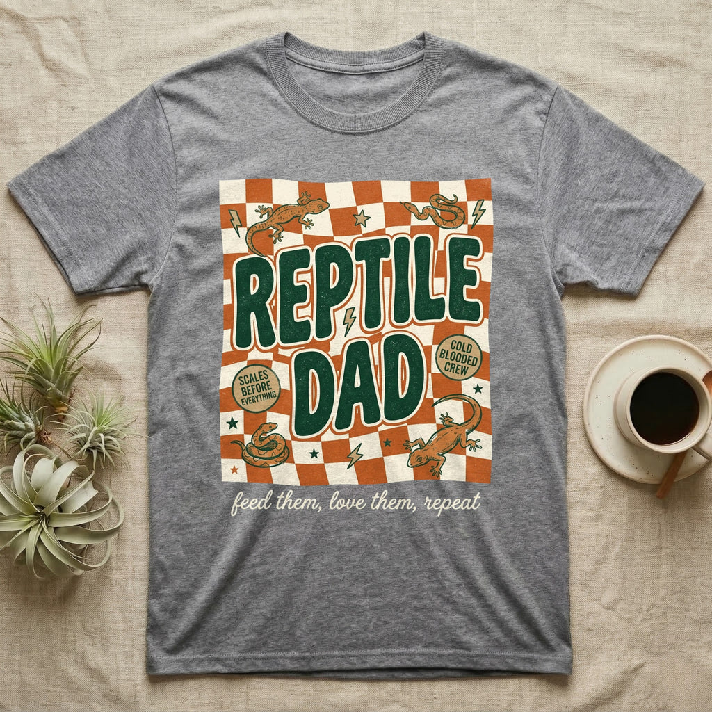 Gray t-shirt with "Reptile Dad" graphic, featuring lizards and checkered pattern.