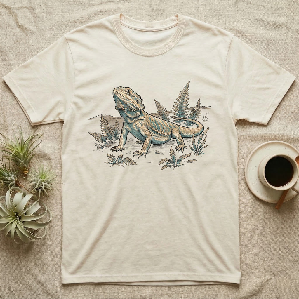 Bearded Dragon Dinosaur T-Shirt in Natural — Faded 90s nature-doc illustration of a bearded dragon posed in profile as a tiny dinosaur specimen on a field plate.