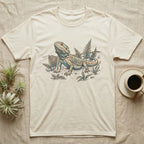 Bearded Dragon Dinosaur T-Shirt in Natural — Faded 90s nature-doc illustration of a bearded dragon posed in profile as a tiny dinosaur specimen on a field plate.