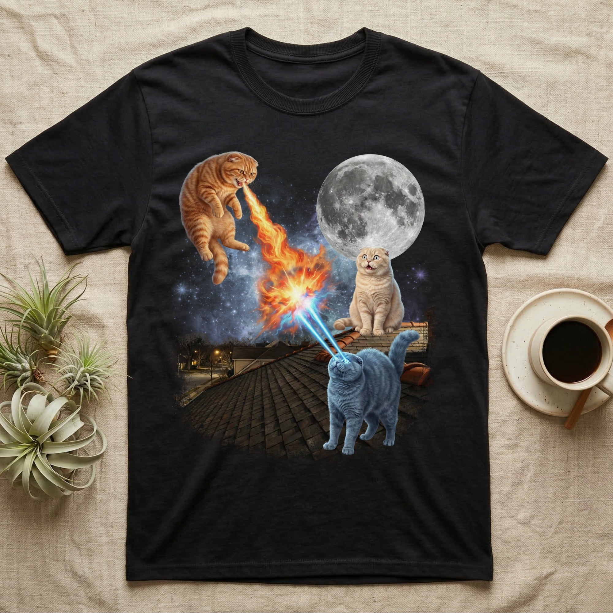 Two cats, one with laser eyes, on a rooftop with fire and a full moon.