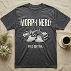 Pied Ball Python Morph T-Shirt in Dark Heather — Grunge type "Morph Nerd" with a small pied-morph ball python coiled mid-design and "Pied Edition" caption beneath.