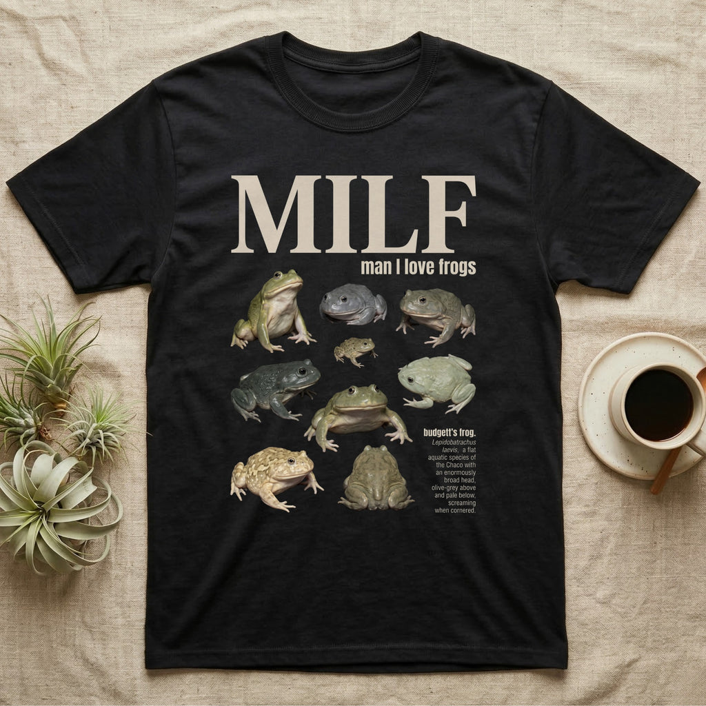 Budgett's Frog MILF T-Shirt in Black — Seven Budgett's frogs in a cut-out photo collage under the huge cream word MILF, man I love budgett's frogs.