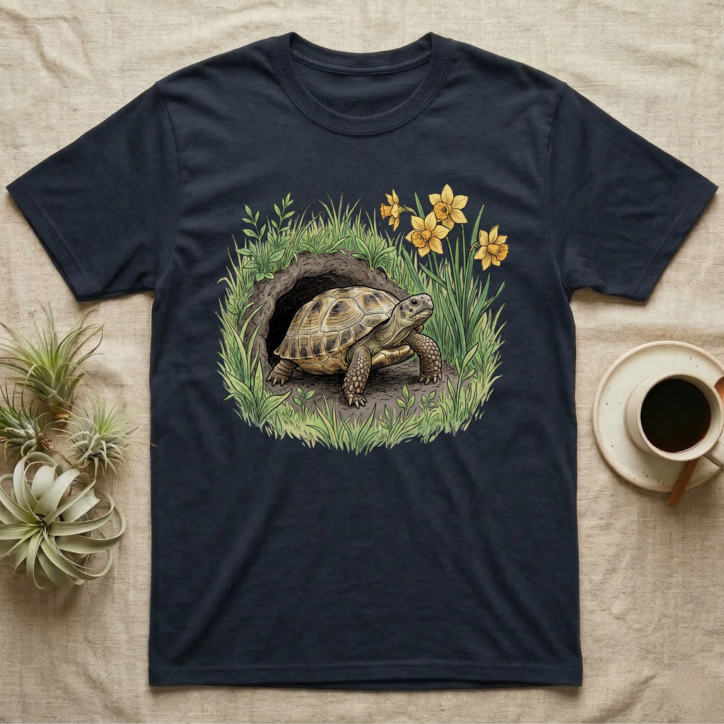 Russian Tortoise Spring T-Shirt in Navy — Botanical illustration of a Russian tortoise stepping into spring grass framed by daffodils and early shoots.