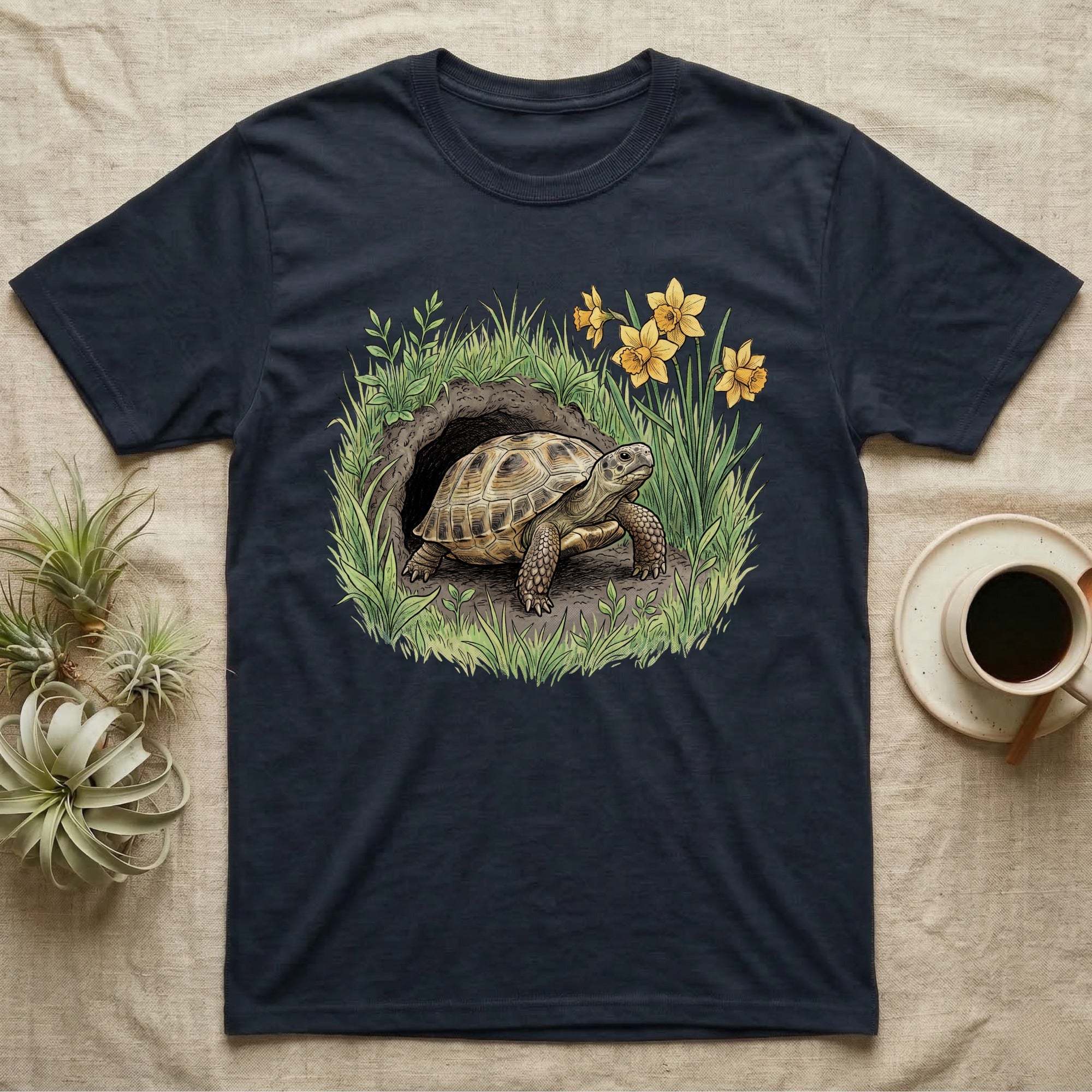 Russian Tortoise Spring T-Shirt in Navy — Botanical illustration of a Russian tortoise stepping into spring grass framed by daffodils and early shoots.