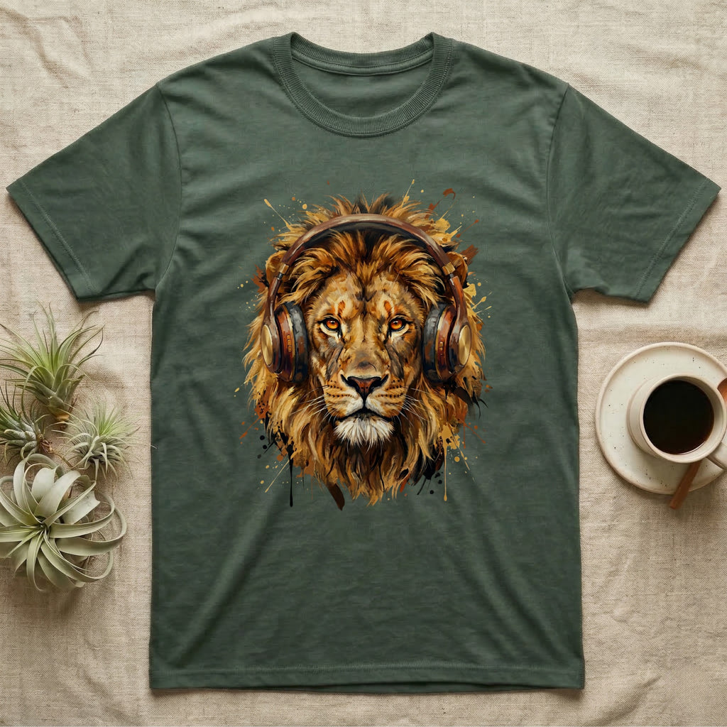 Lion head with headphones, depicted in watercolor splashes, on a dark green t-shirt.
