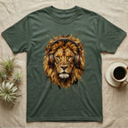 Lion head with headphones, depicted in watercolor splashes, on a dark green t-shirt.