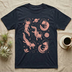 Axolotl Cosmic T-Shirt in Navy — Vintage screen-print illustration of axolotls in astronaut helmets floating in space, soft coral monochromatic on dark background.