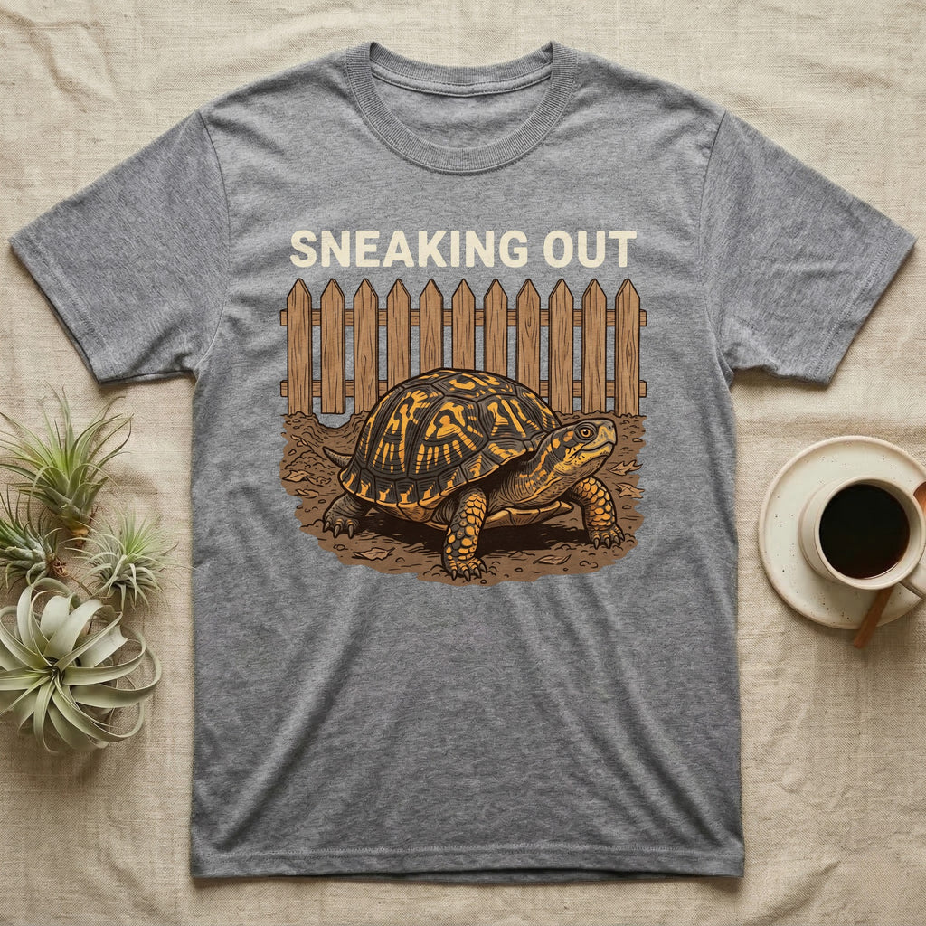 Box Turtle Sneaking T-Shirt in Sport Grey — Eastern box turtle crawling out from under a brown picket fence beneath the words Sneaking Out