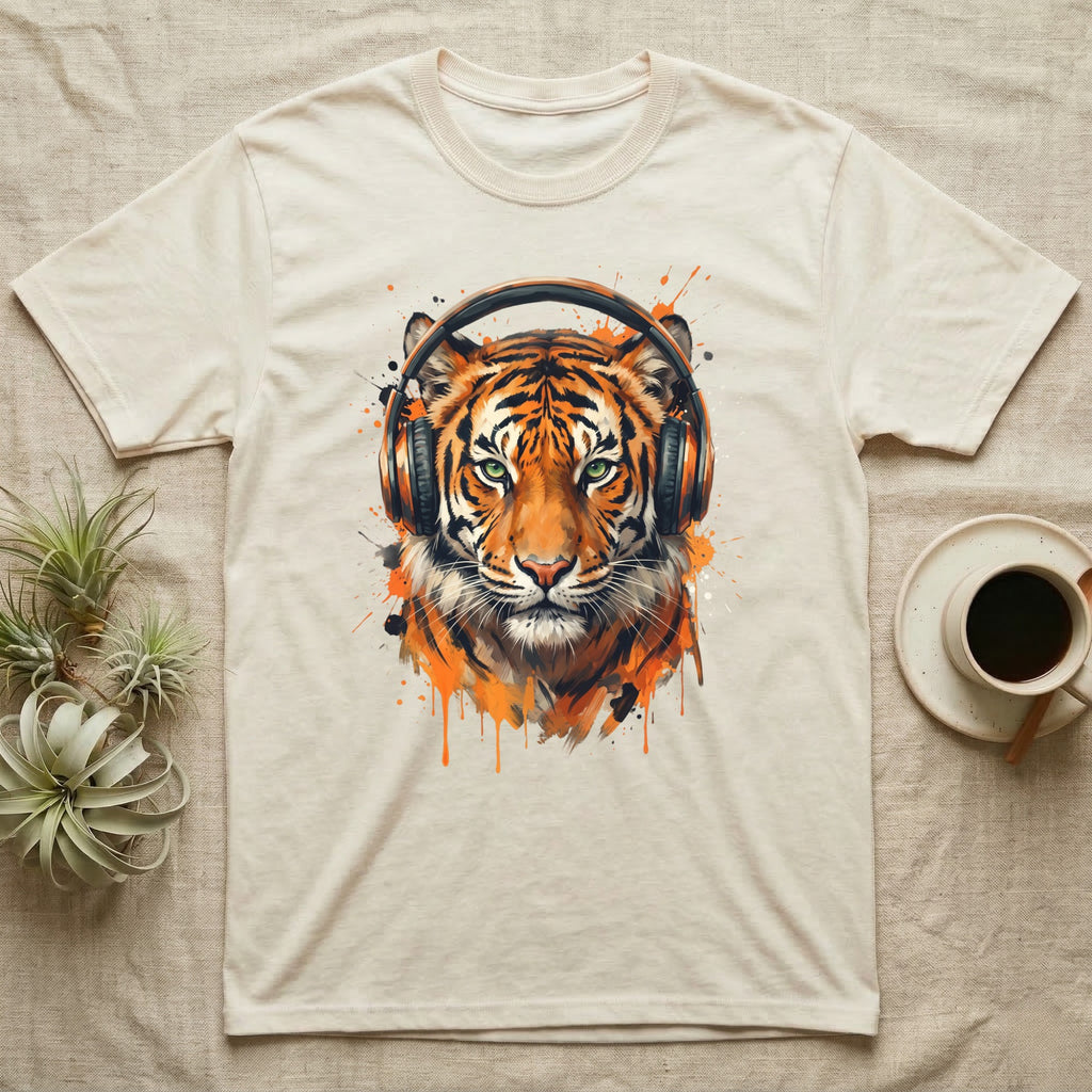 T-shirt with orange and black watercolor tiger head wearing headphones.