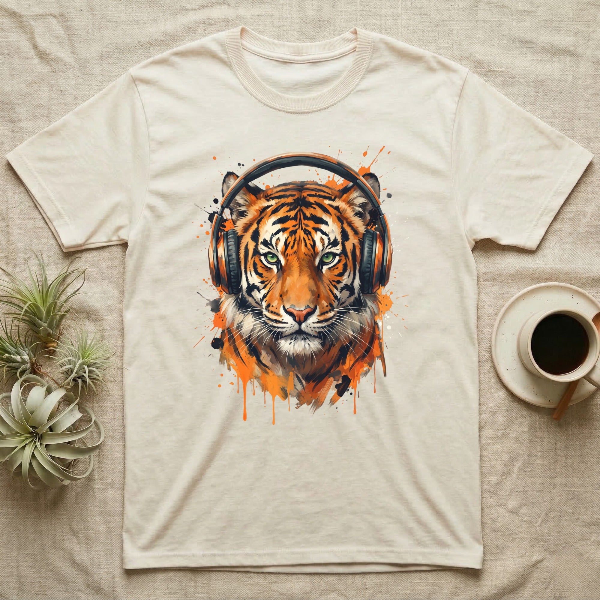 T-shirt with orange and black watercolor tiger head wearing headphones.