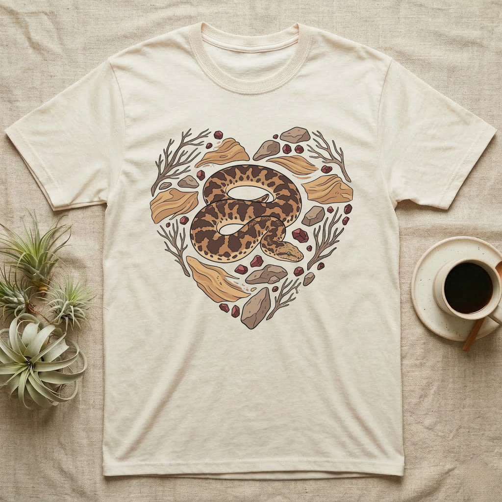 Cream t-shirt with a heart-shaped design of a coiled snake and natural elements.