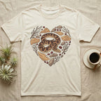 Cream t-shirt with a heart-shaped design of a coiled snake and natural elements.