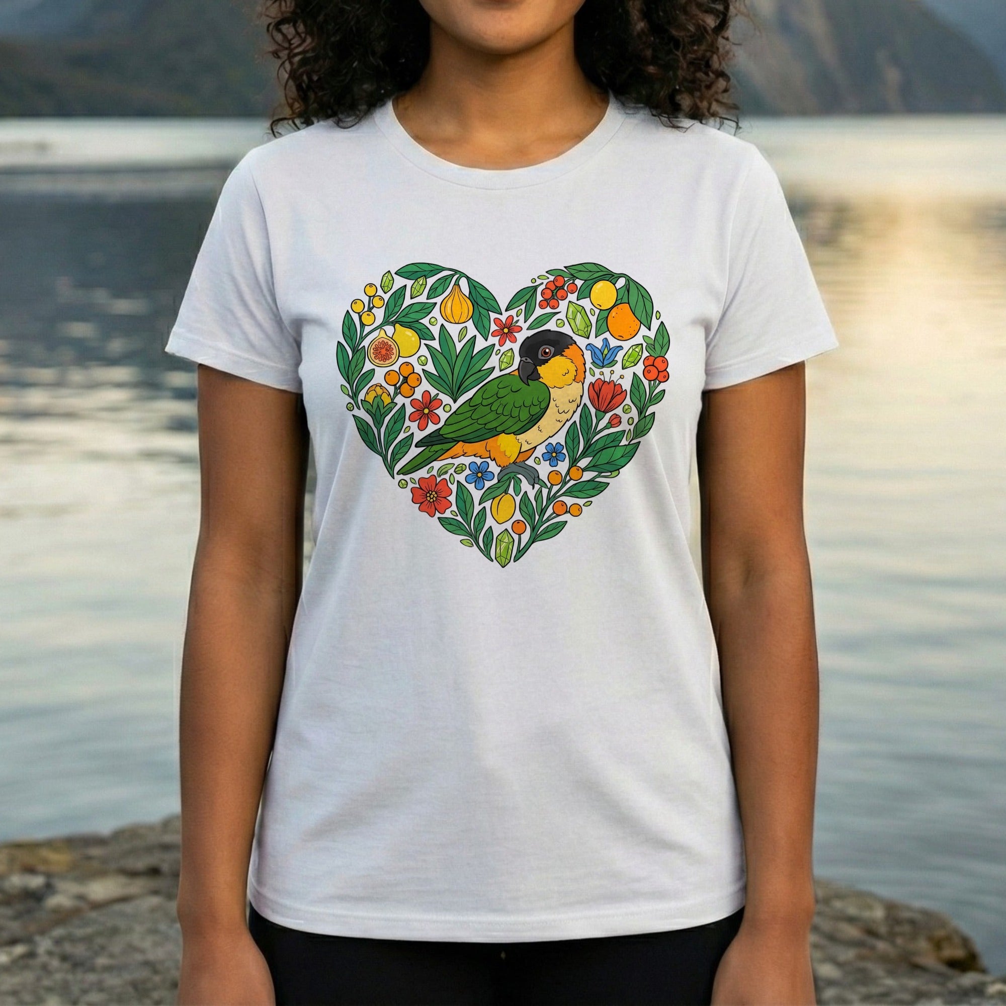 Heart Shaped Parrot and Flowers Design T-Shirt