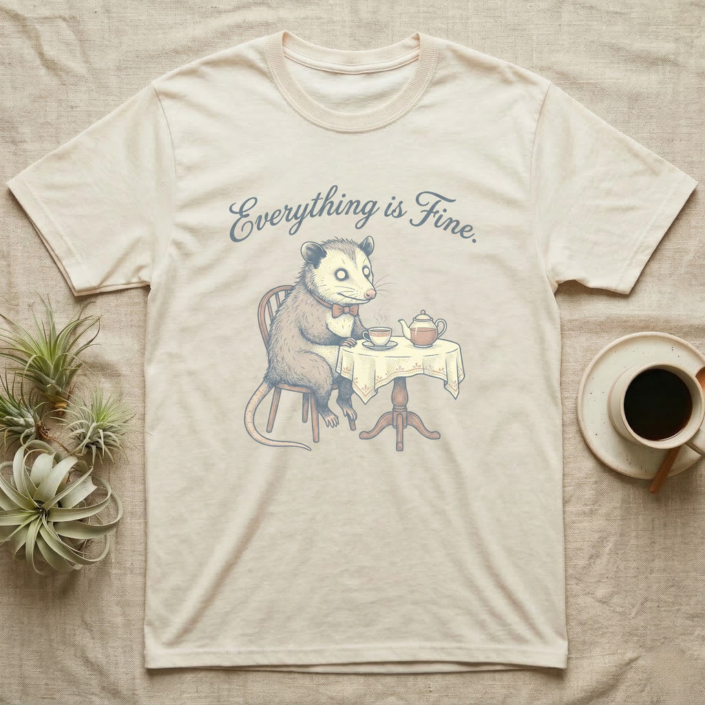 T-shirt with illustration of a possum sitting at a table with tea, "Everything is Fine" text.