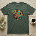 T-shirt with geometric bearded dragon head design.
