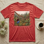Dart Frog Bioactive Vivarium T-Shirt in Heather Red — Illustrated panel of a cobalt dart frog in a layered planted vivarium, leaves crossing the inked border.