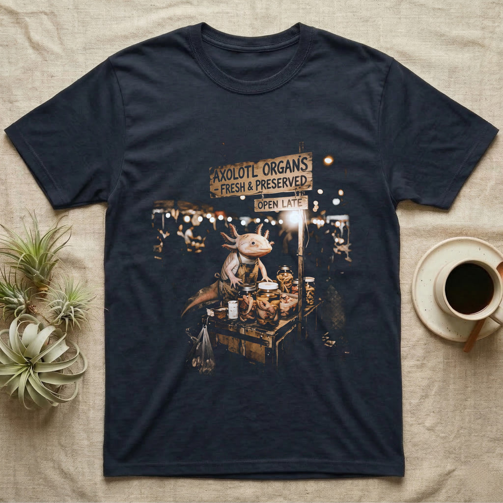 Axolotl Night Market T-Shirt in Navy — Pink axolotl in an apron running a night-market stall under an "Axolotl Organs" sign in vintage halftone.