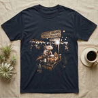 Axolotl Night Market T-Shirt in Navy — Pink axolotl in an apron running a night-market stall under an "Axolotl Organs" sign in vintage halftone.
