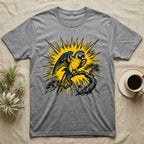 Grey t-shirt featuring a blue and yellow parrot perched on a branch with a sunburst design.