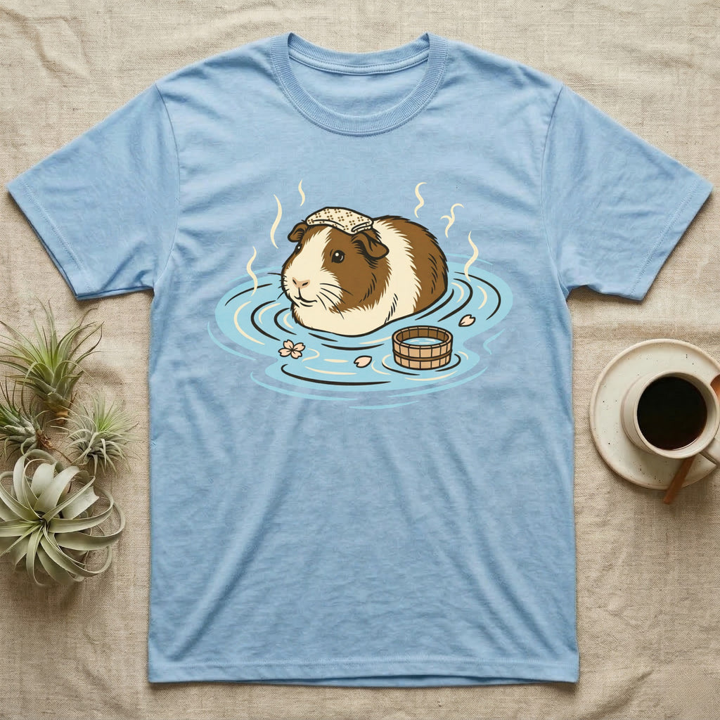 Light blue t-shirt with guinea pig relaxing in a hot spring.