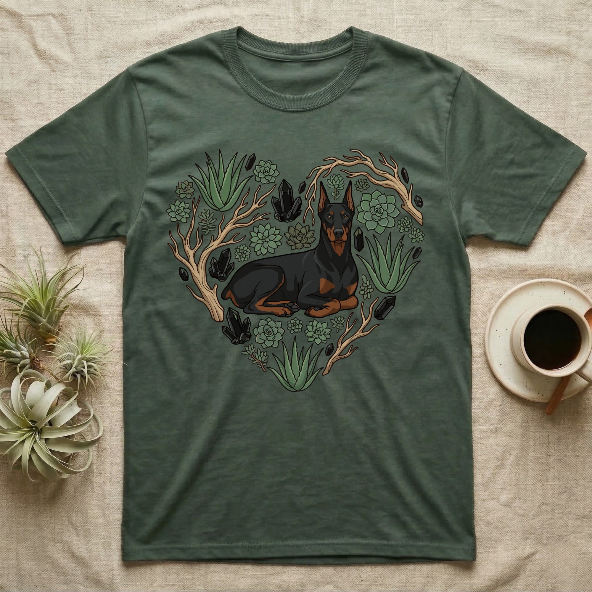 Doberman Pinscher within a heart-shaped succulent and crystal arrangement.
