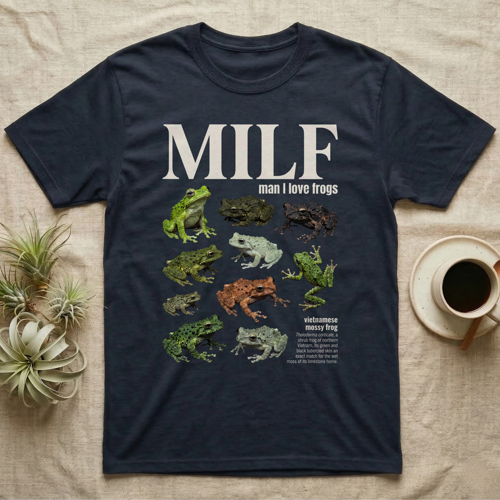 Vietnamese Mossy Frog MILF T-Shirt in Navy — Seven Vietnamese mossy frogs in a cut-out photo collage beneath the huge cream word MILF on grey.