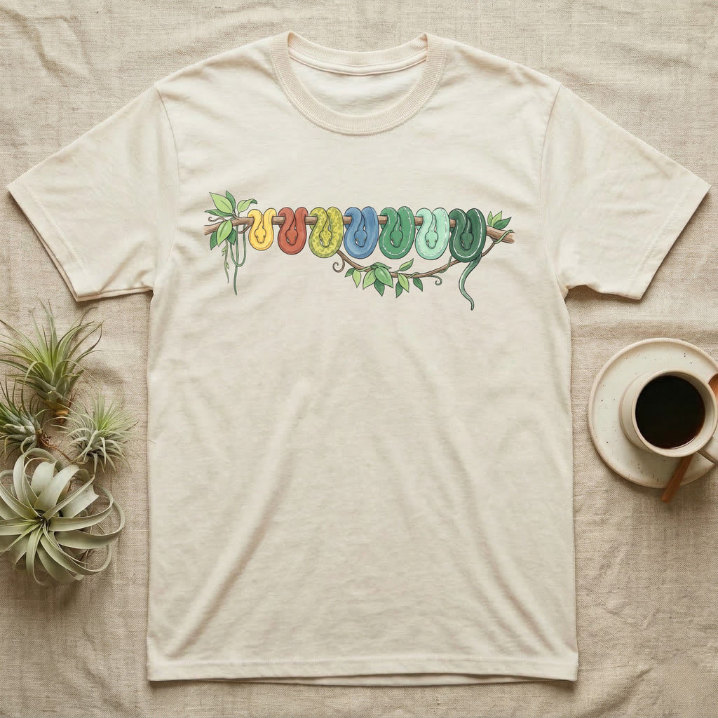 Green Tree Python Canopy Crew T-Shirt in Natural — Watercolor illustration of a green tree python in seven real colour-change stages coiled on a branch, dark grey T-shirt design.