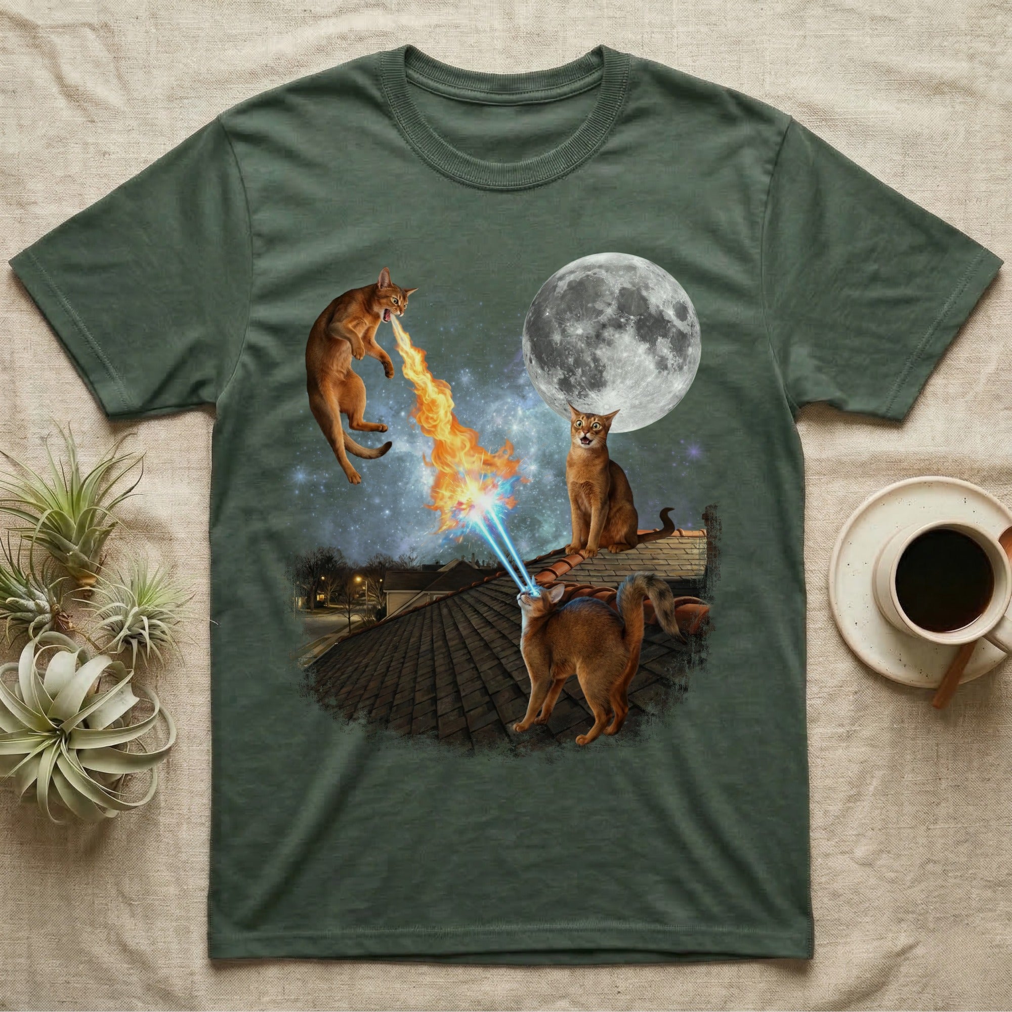 Cats with laser eyes on a rooftop during a full moon.