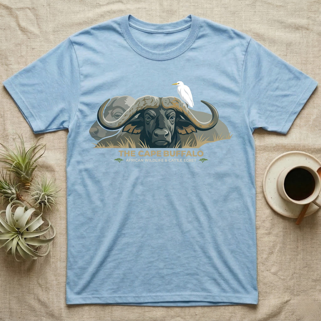 Light blue t-shirt with Cape Buffalo and cattle egret illustration.