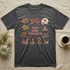 Snake Keeper Personalities T-Shirt in Dark Heather — Outline illustration of five snakes in different postures scattered around hand-lettered script on grey.