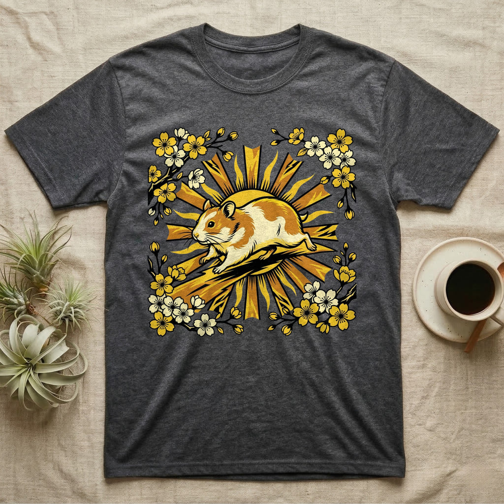 Dark gray t-shirt with a golden hamster and floral sunburst graphic.