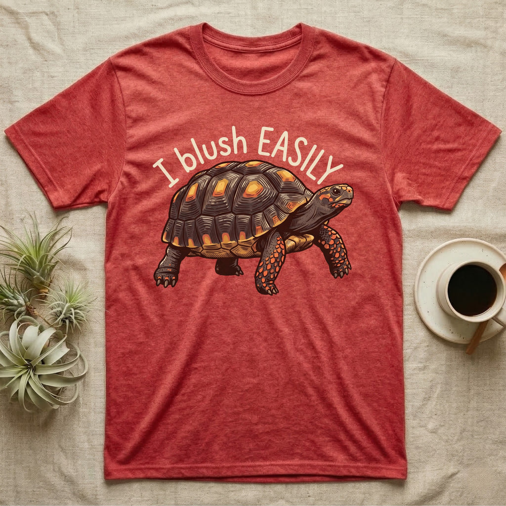 Red-Foot Tortoise Blush T-Shirt in Heather Red — Red-footed tortoise with red-orange cheeks and legs walking under the curved words I blush EASILY