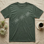 Tarantula Migration Trio T-Shirt in Military Green — Three tarantulas drawn in fine pale outline, seen from above, walking on a rising diagonal across flat grey.