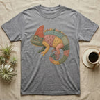 Grey t-shirt with a patchwork chameleon graphic.