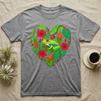 Gray t-shirt featuring a heart-shaped design of tropical leaves, flowers, and a frog.