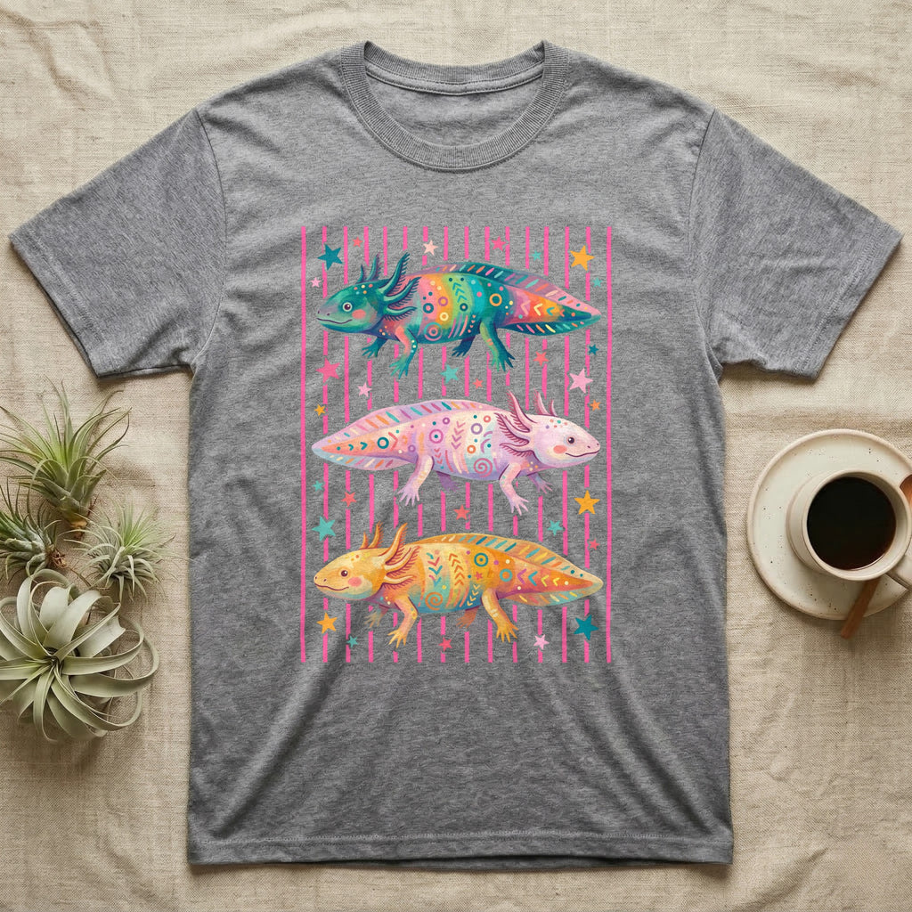 Axolotl Colourways Candy Stripe T-Shirt in Sport Grey — Three gouache axolotls stacked in bands on pink candy stripes, facing left, right and left, with scattered stars