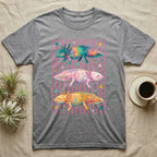 Axolotl Colourways Candy Stripe T-Shirt in Sport Grey — Three gouache axolotls stacked in bands on pink candy stripes, facing left, right and left, with scattered stars