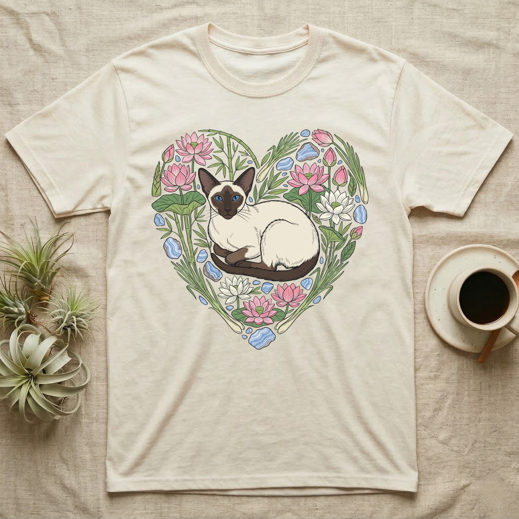 Cream t-shirt with Siamese cat and floral heart graphic.
