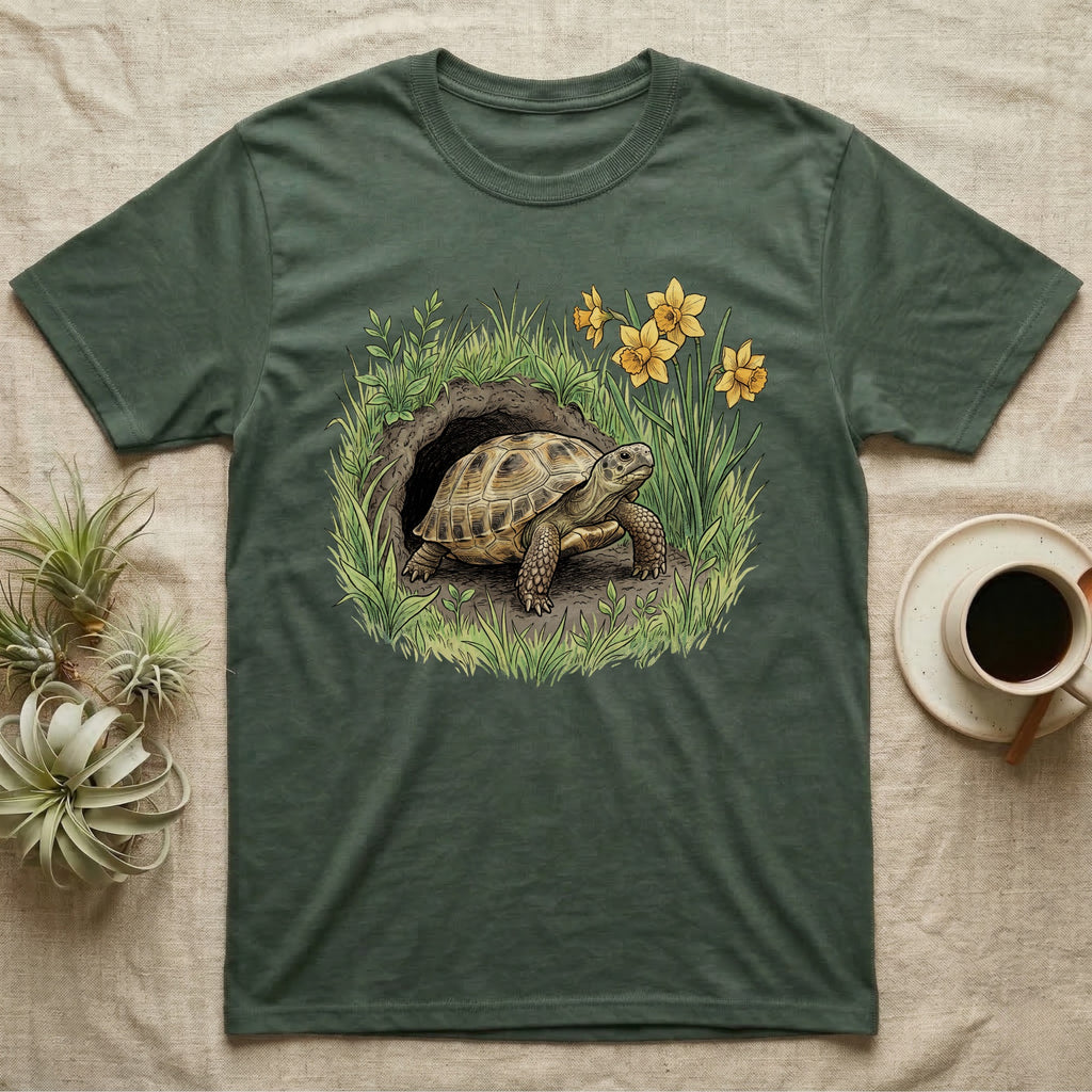 Russian Tortoise Spring T-Shirt in Military Green — Botanical illustration of a Russian tortoise stepping into spring grass framed by daffodils and early shoots.