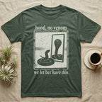 Western Hognose Hood No Venom T-Shirt in Military Green — One-bit photocopy western hognose snake in a bordered panel, its hooded reflection turned out with the only eyes.
