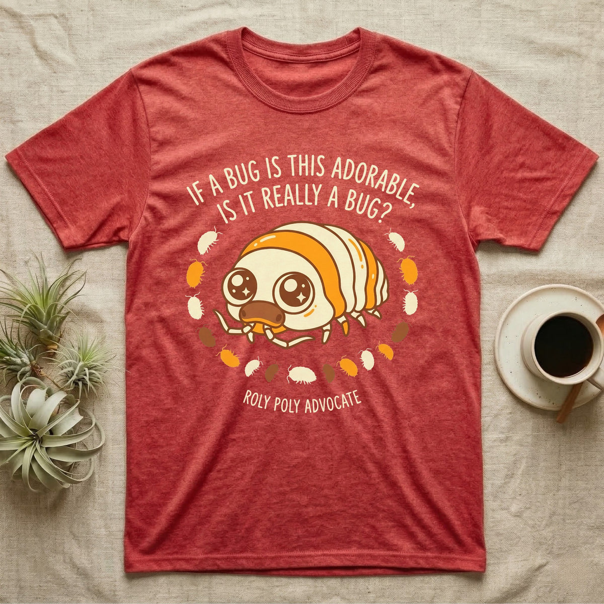 Isopod Roly Poly Advocate T-Shirt in Heather Red — Cartoon roly poly with sparkling eyes ringed by tiny isopods and hand-lettered adorable-bug question.