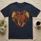 Dark t-shirt with a heart-shaped design of a snake and autumn leaves.