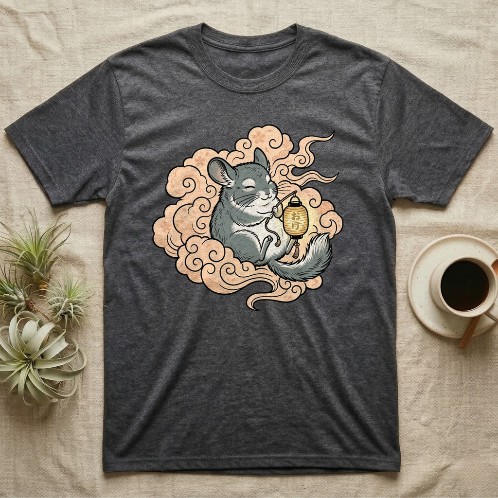 Chinchilla wearing a lantern, sitting in clouds on a dark grey t-shirt.