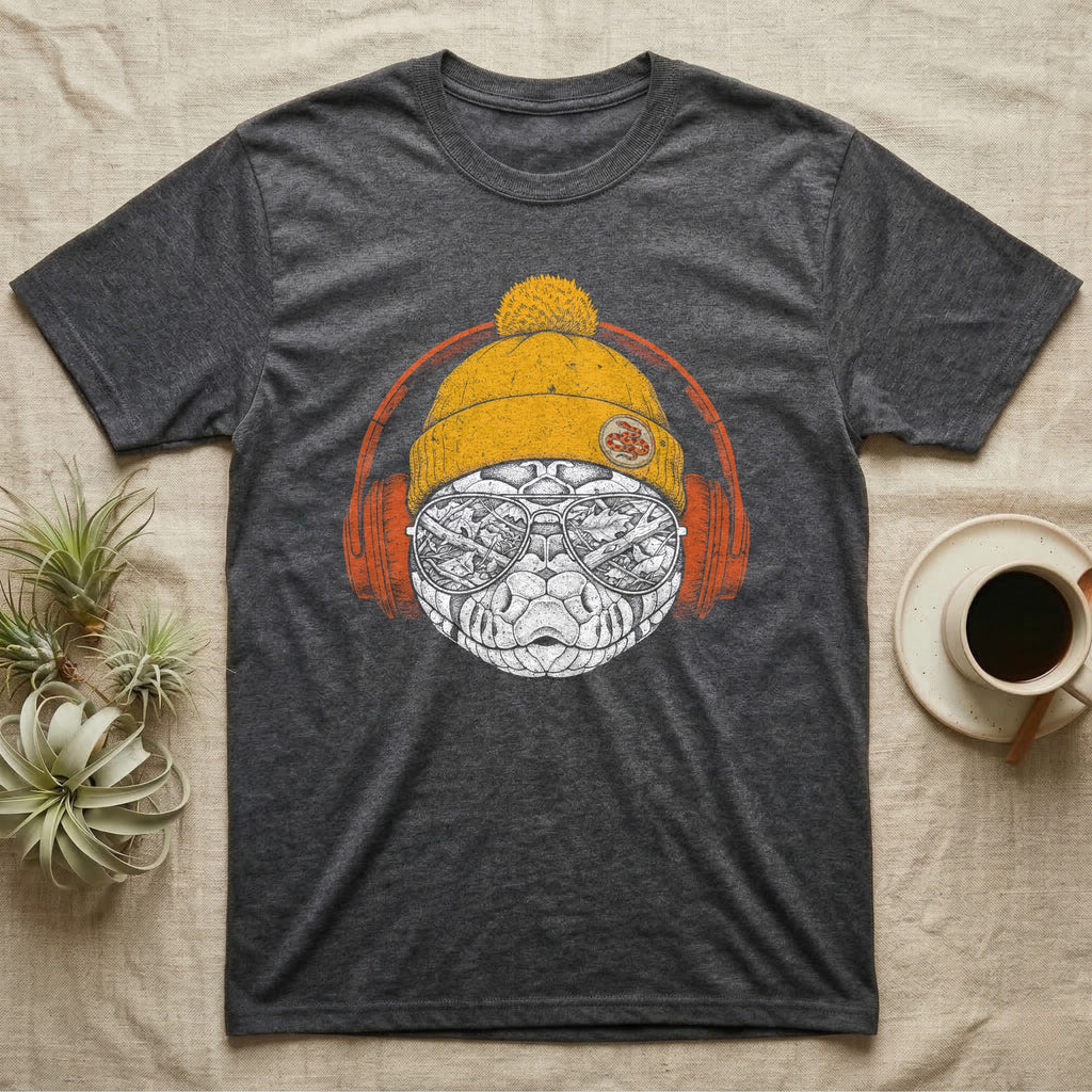 Corn Snake Chill Beats T-Shirt in Dark Heather — Engraved corn snake in a knit beanie and headphones, aviator lenses reflecting a leafy forest floor.
