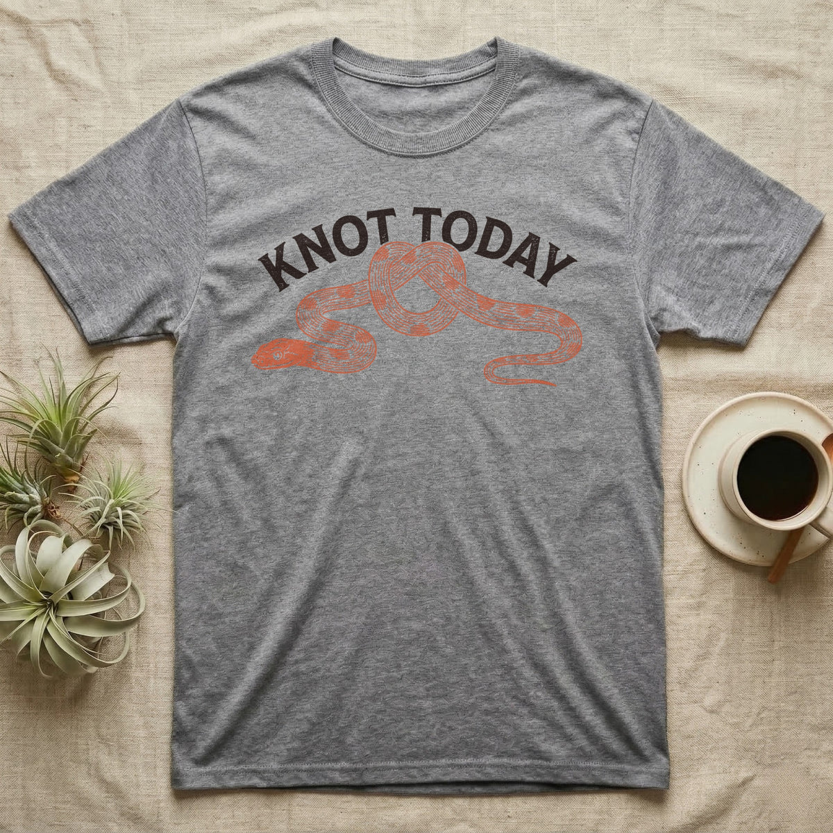 Corn Snake Knot Today T-Shirt in Sport Grey — Worn-stamp corn snake stretched into a half-tied bow beneath a fat arched "KNOT TODAY" headline.